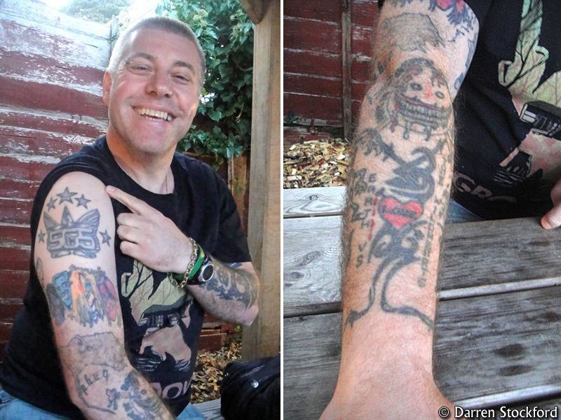 Gary Davidson, author of Zealot In Wonderland, shows off his Wildhearts tattoos at The Gardener's Arms, Oxford