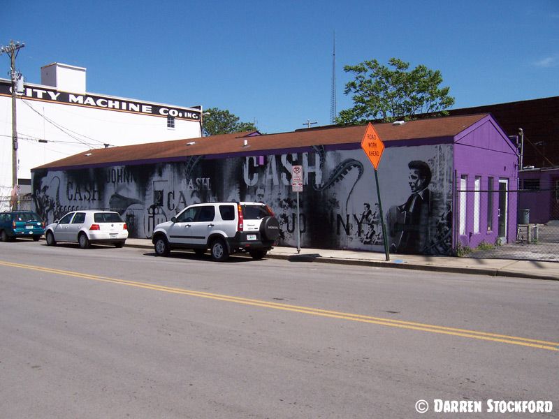 Johnny Cash mural on a wall in Nashville