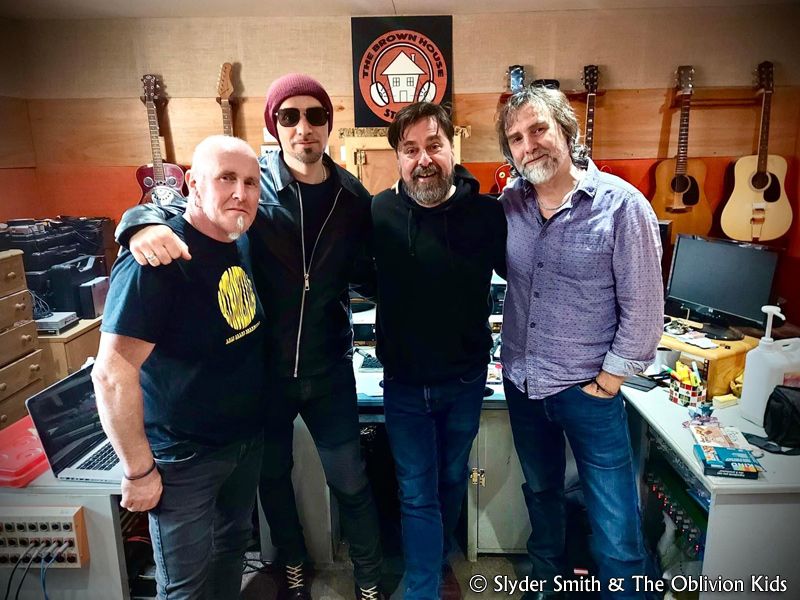 Slyder Smith & The Oblivion Kids with producer Peter Brown, at The Brown House Studio, Oxfordshire, March 2022