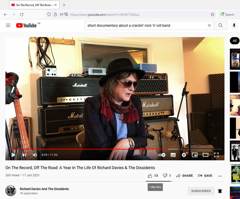 Screenshot of a Richard Davies & The Dissidents video on YouTube