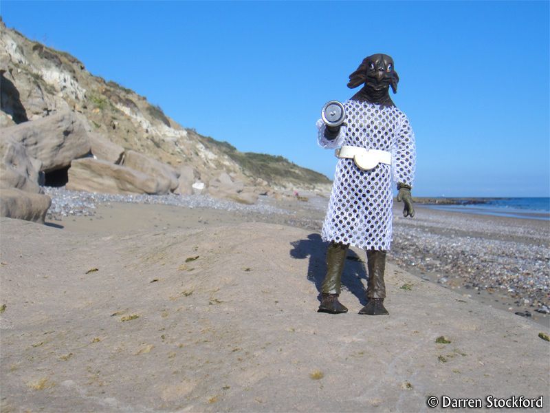 A toy Sea Devil at Whitecliff Bay, on the Isle of Wight