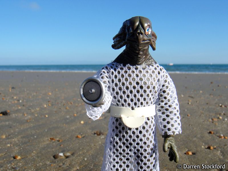 A toy Sea Devil at Whitecliff Bay, on the Isle of Wight