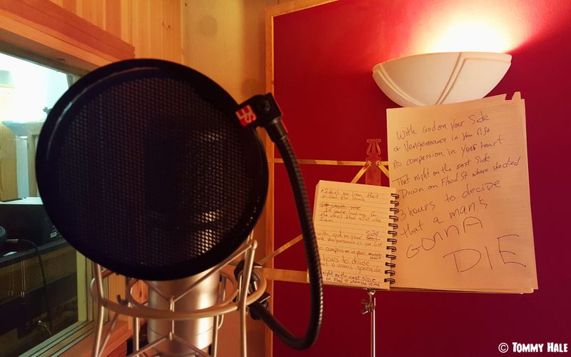Tommy Hale's lyric sheet in the vocal booth at Mooncalf Studio